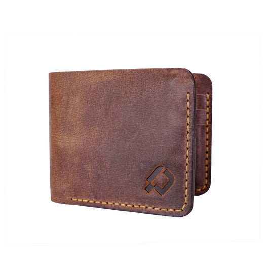 Bi-fold Pull-up Leather wallet, Hand Stitched. Camel Brown, RR-HD201