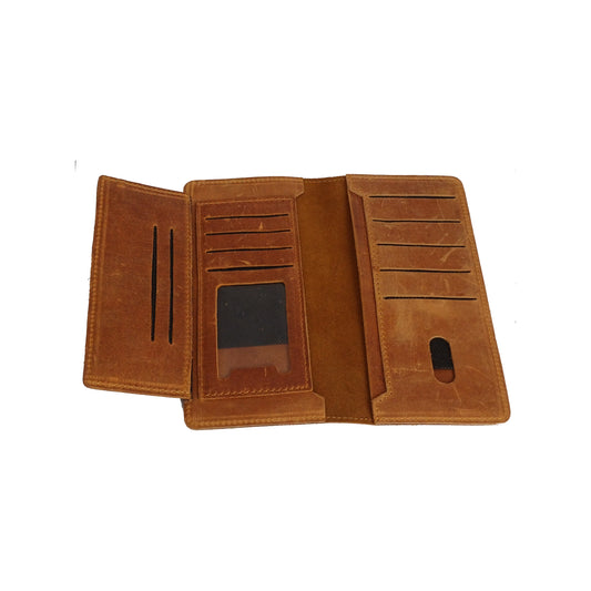 Bi-Fold Long Wallet, Crazy Horse Leather, Mobile Pocket, Card Slots, Light Brown. RR-162